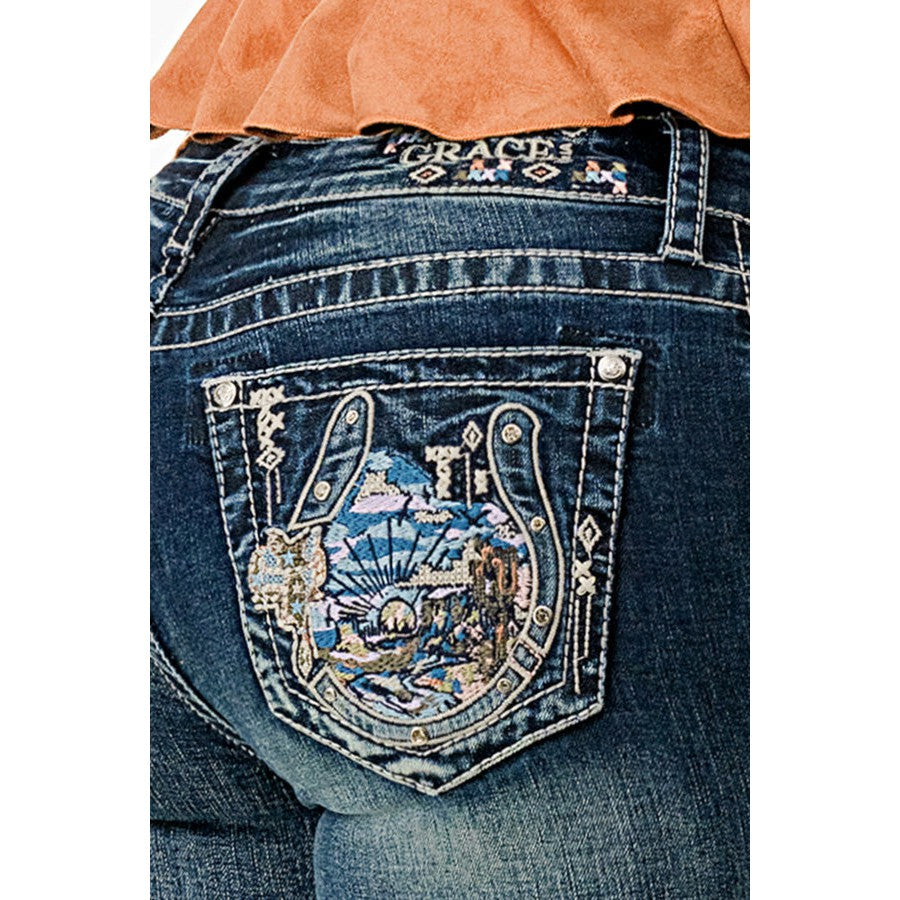 Grace in LA Women's Horseshoe Western Motif Easy Bootcut Jeans - Medium Blue