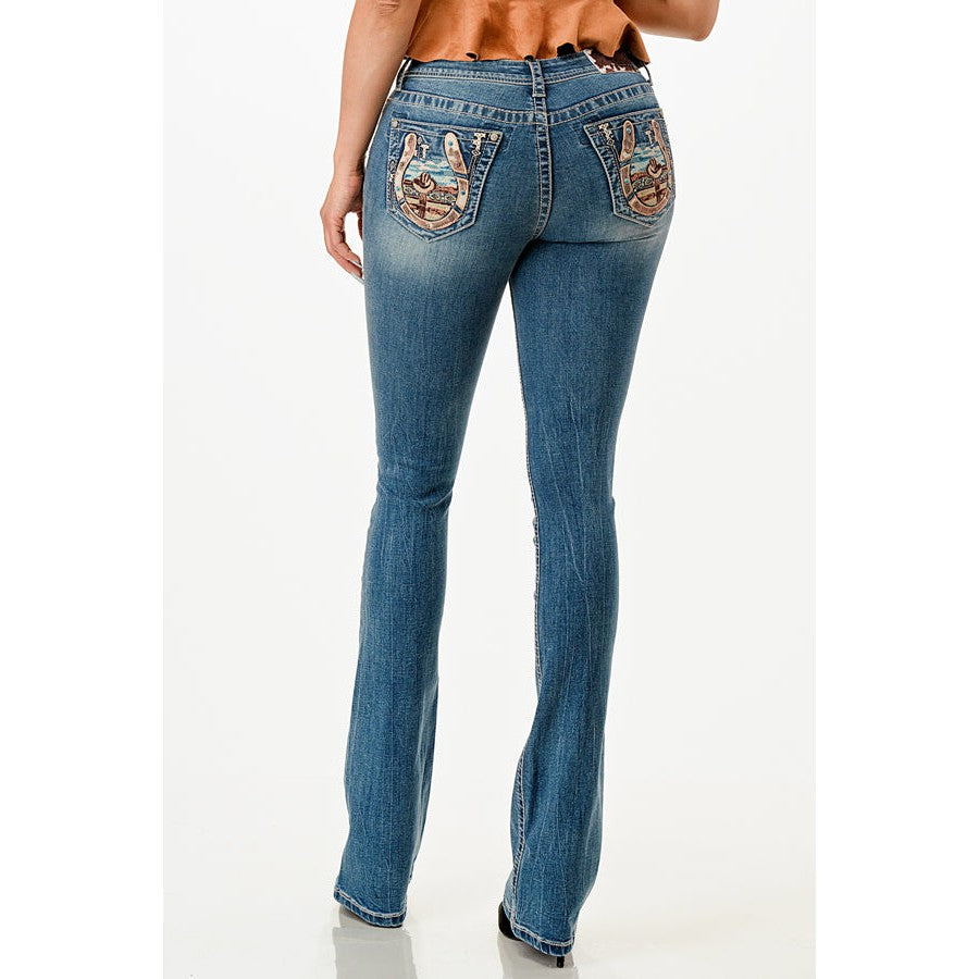 Grace in LA Women's Horseshoe & Hat Western Motif Easy Bootcut Jeans - Medium Blue