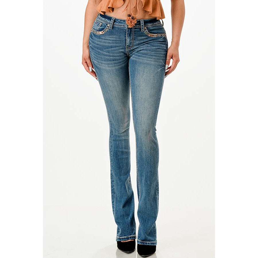 Grace in LA Women's Horseshoe & Hat Western Motif Easy Bootcut Jeans - Medium Blue