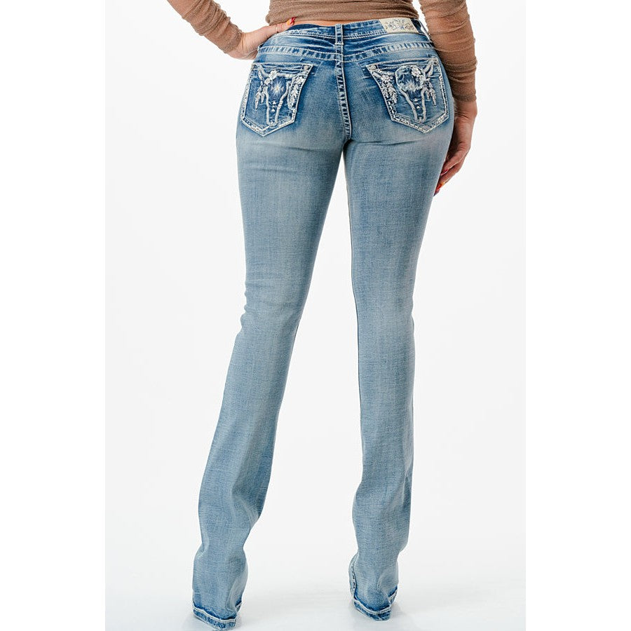 Grace in LA Women's Dreamy Steer Head Easy Bootcut Jeans - Light Blue