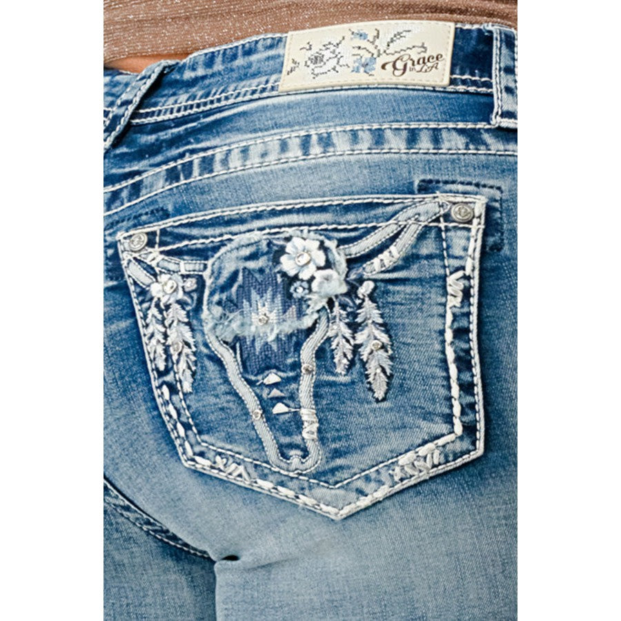 Grace in LA Women's Dreamy Steer Head Easy Bootcut Jeans - Light Blue