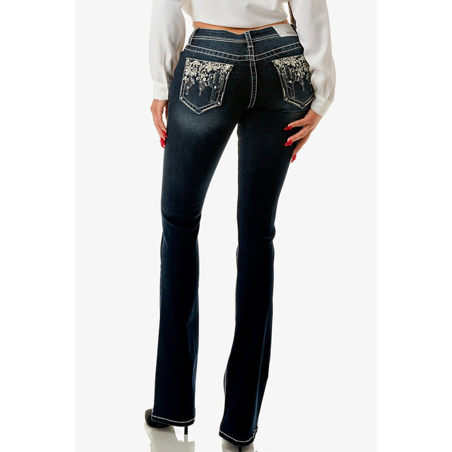 Grace in LA Women's 3D Cactus Easy Bootcut Jeans - Dark Blue