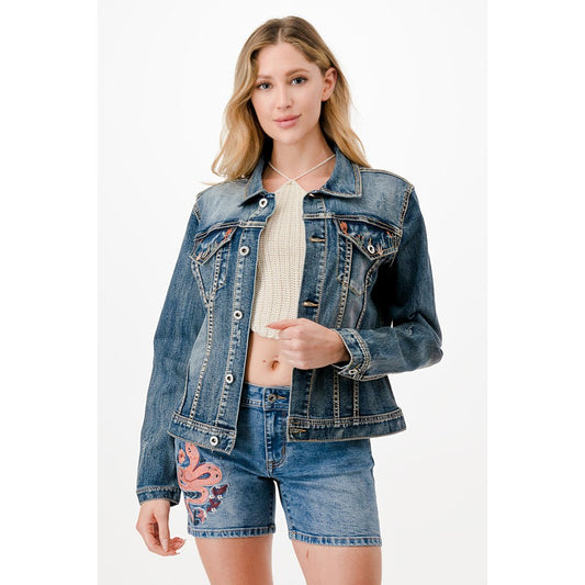 Grace in LA Women's Cactus Embroidered Denim Jacket - Medium Blue