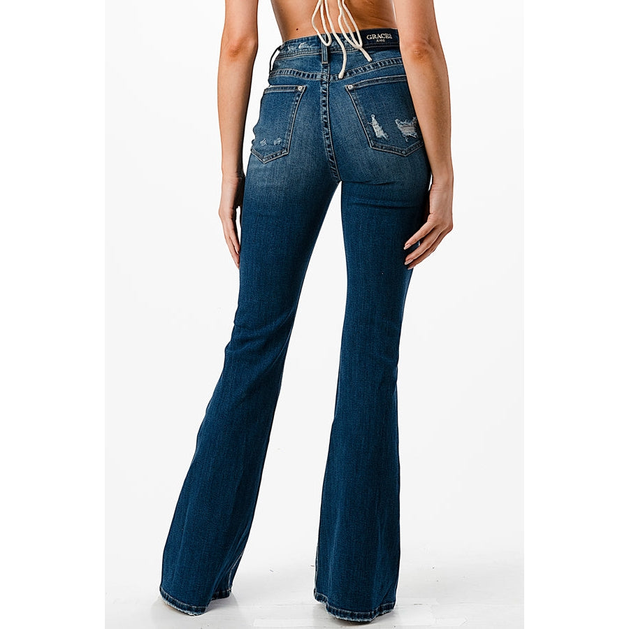 Grace in LA Women's High Rise Flare Jeans - Basic Distressed