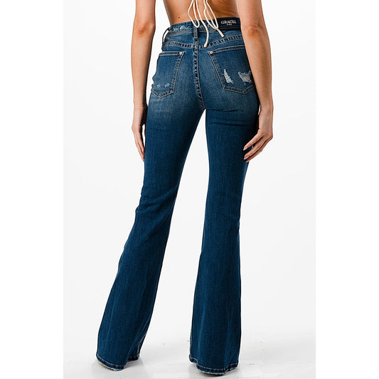 Grace in LA Women's High Rise Flare Jeans - Basic Distressed