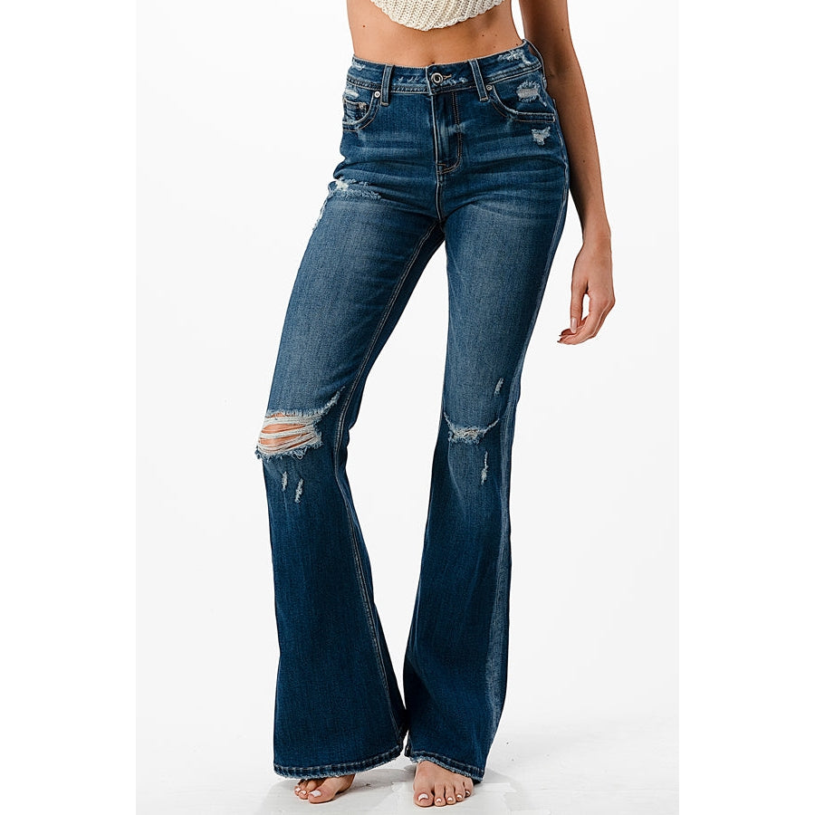 Grace in LA Women's High Rise Flare Jeans - Basic Distressed