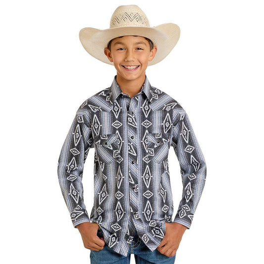 Rock & Roll Boys Long Sleeve Aztec Stripe Print Shirt- Black/Blue