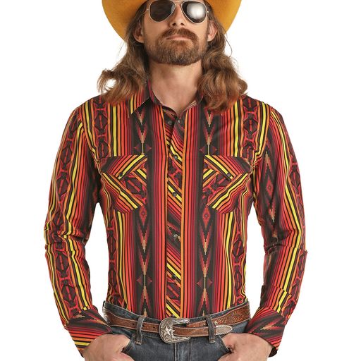 Rock & Roll Men's Long Sleeve 2 Pocket Stripe Dale Snap Shirt - Black