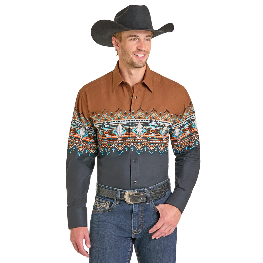 Panhandle Men's Longhorn Aztec Print Border Long Sleeve Snap Front Shirt- Black/Brown