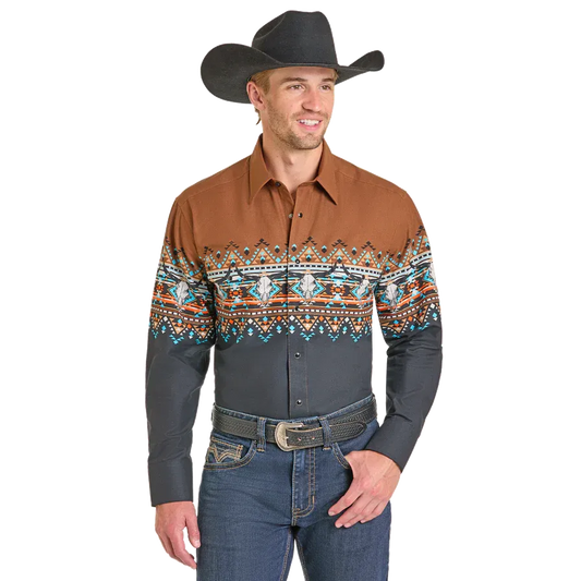 Panhandle Men's Longhorn Aztec Print Border Long Sleeve Snap Front Shirt- Black/Brown
