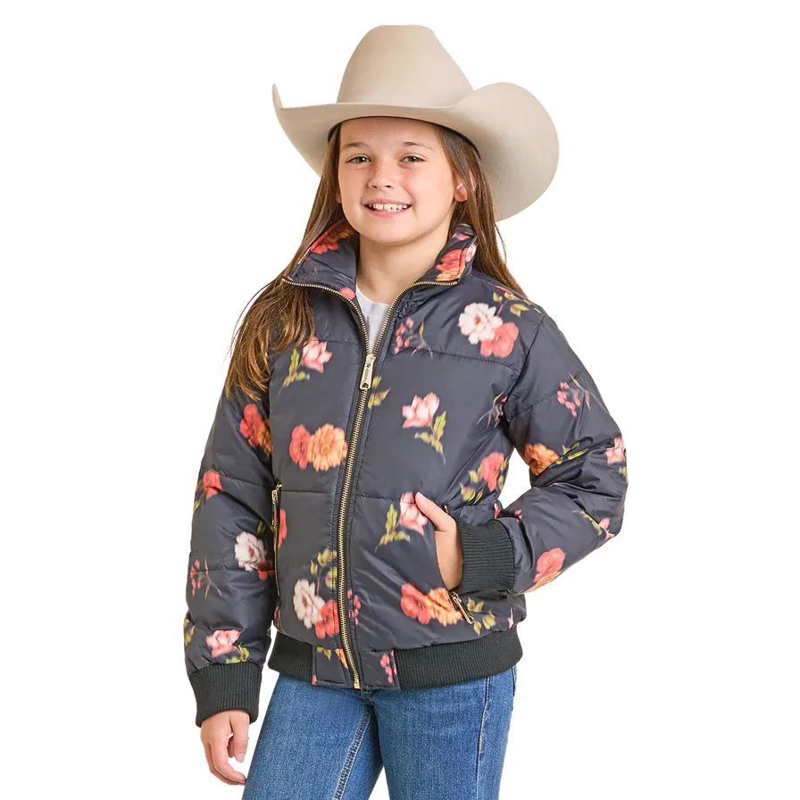 Rock & Roll Girl's Floral Print Puffer Jacket- Black