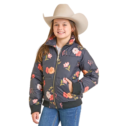 Rock & Roll Girl's Floral Print Puffer Jacket- Black