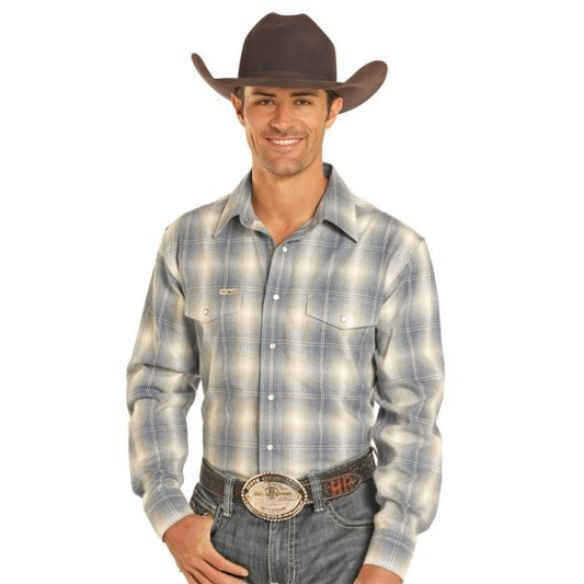 Powder River Men's Brushed Plaid Shirt-Cerulean