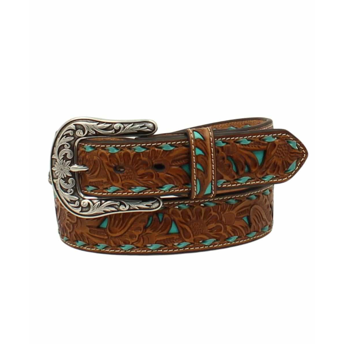 Nocona Women's Floral Pierced Overlay Belt - Brown/Turquoise