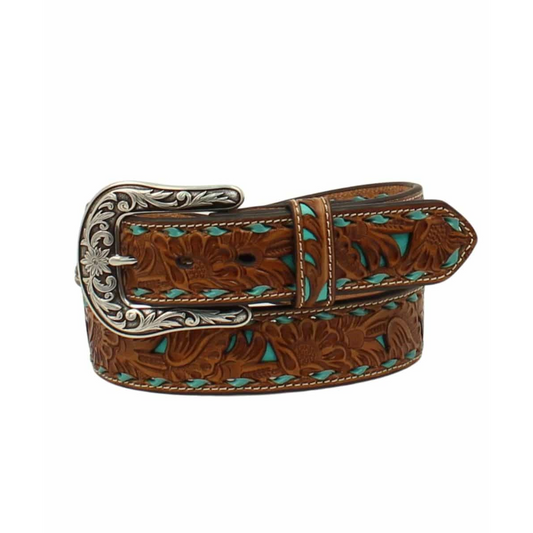 Nocona Women's Floral Pierced Overlay Belt - Brown/Turquoise