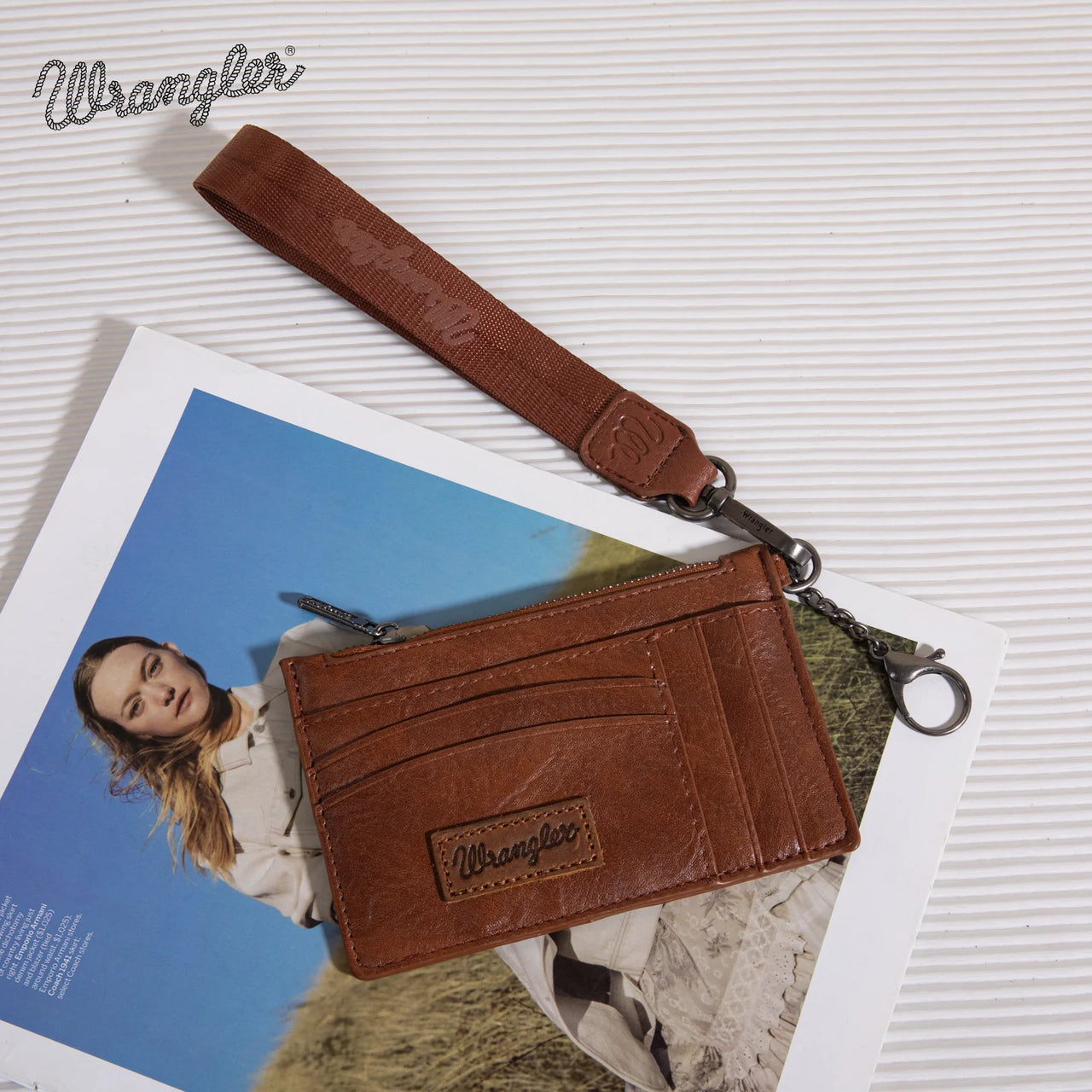 Wrangler Solid Colour Key Chain Wristlet Car Wallet- Brown