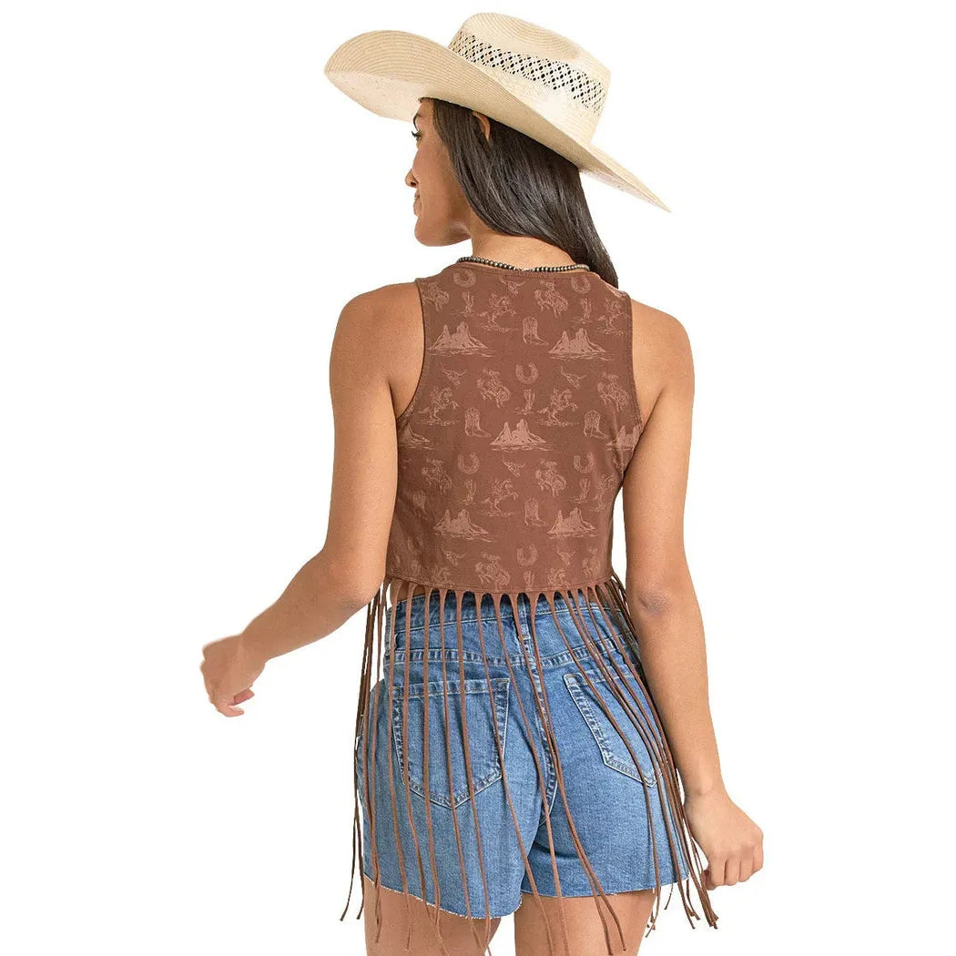 Rock & Roll Women's Conversational Western Print Fringe Top - Brown