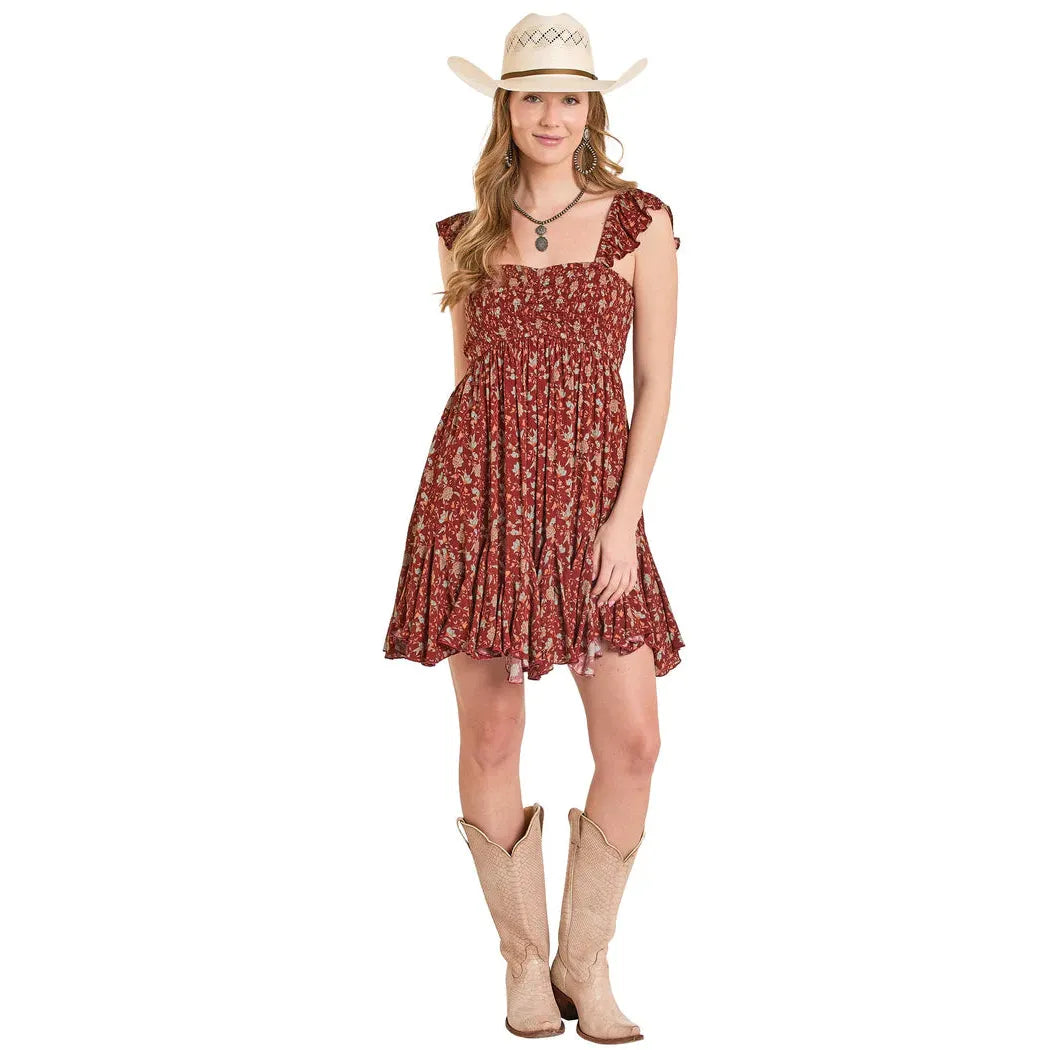 Rock & Roll Women's Godet Floral Mini Dress - Wine