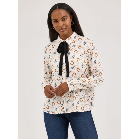 Wrangler Women's Long Sleeve Tie Neck Blouse- White