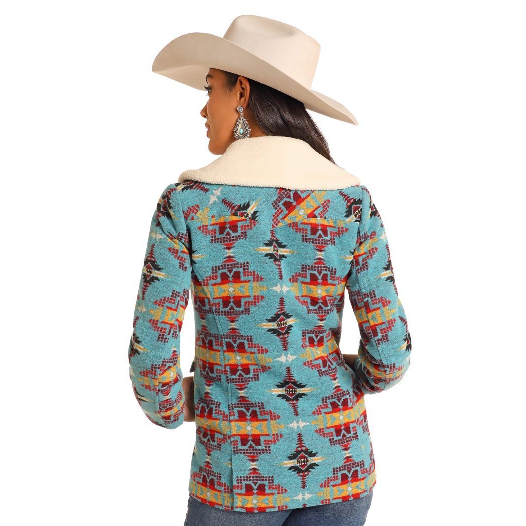 Powder River Women's Long Sleeve Jacquard Wool Jacket- Caribbean