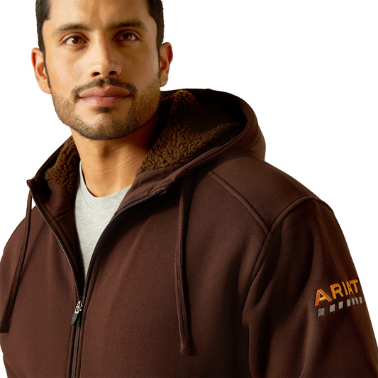 **Ariat Men's Rebar All-Weather Sherpa-Lined Full Zip Hoodie - Coffee Bean