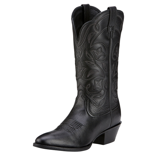 Ariat Women's Heritage R Toe Western Boot- Black Deertan