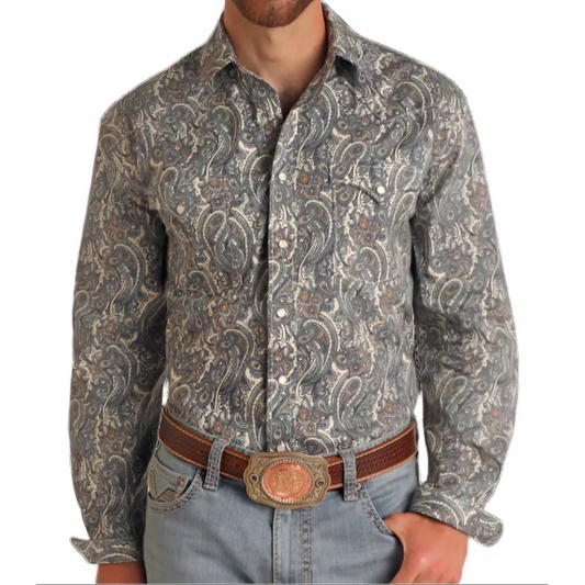 Panhandle Men's Long Sleeve Paisley Slim Shirt- Tan
