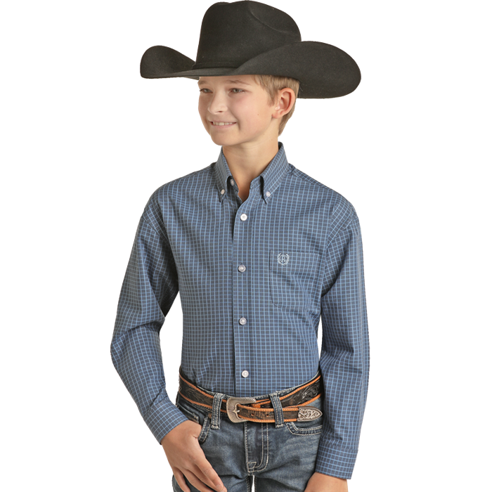 Panhandle Boys Check Button Western Shirt - Navy