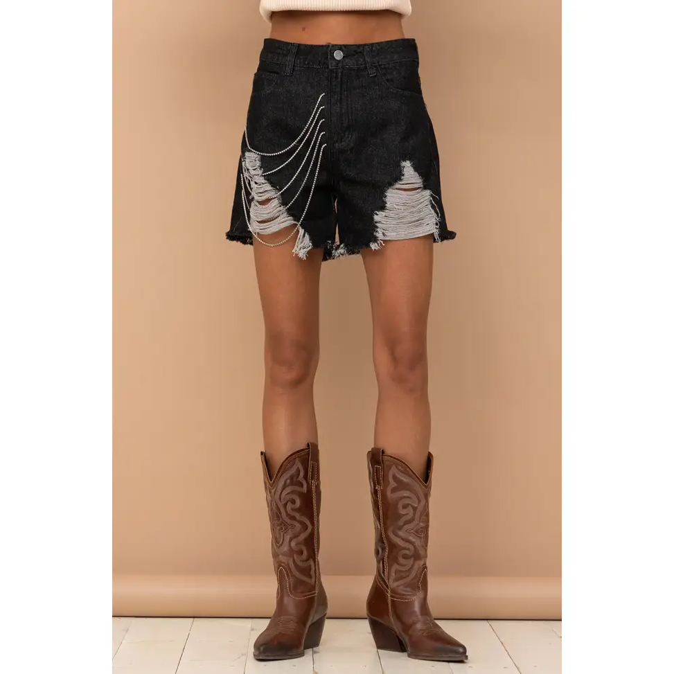 Blue B Distressed Front Frayed Bottom Chain Detail Denim - Black