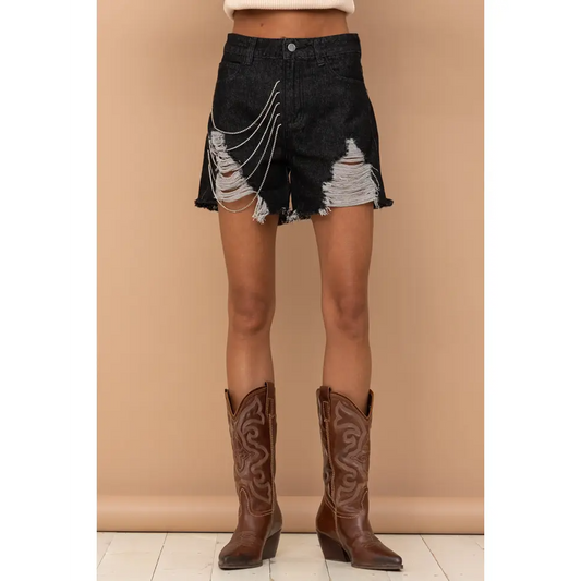 Blue B Distressed Front Frayed Bottom Chain Detail Denim - Black