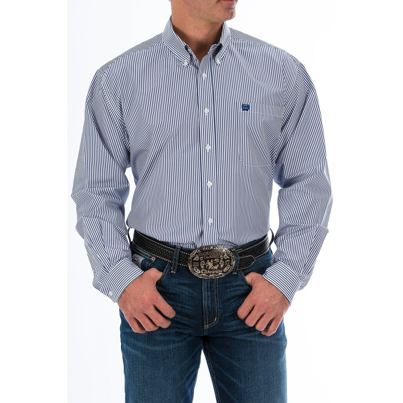 Cinch Men's Classic Fit Tencel Stripe Button-Down Shirt - Royal Blue
