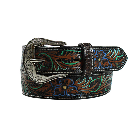 Nocona Women's Floral Tooled Belt - Brown w/Teal/Royal Brown/Turquoise Accents