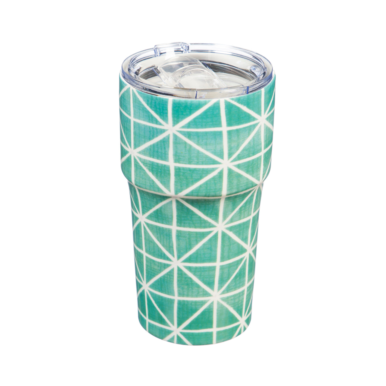 Double Wall ceramic Companion Cup w/Tritan Lid  Geometric Teal Pattern
