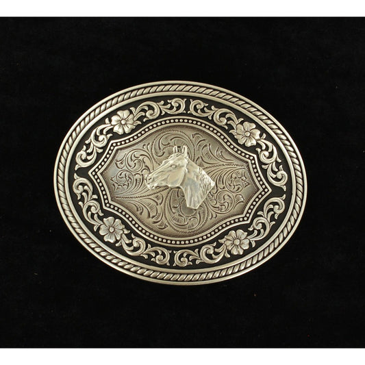Nocona Mens Buckle Oval Black Edge Background w/Horsehead Motif