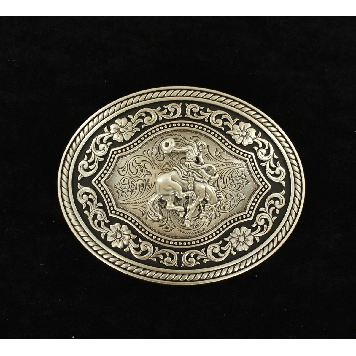 Nocona Mens Buckle Oval Black Edge Background w/Vintage Saddle Bronc Motif