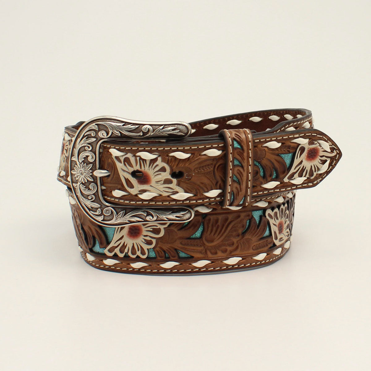 Ariat Women's Leather Floral Pierced Belt - Brown/Turquoise