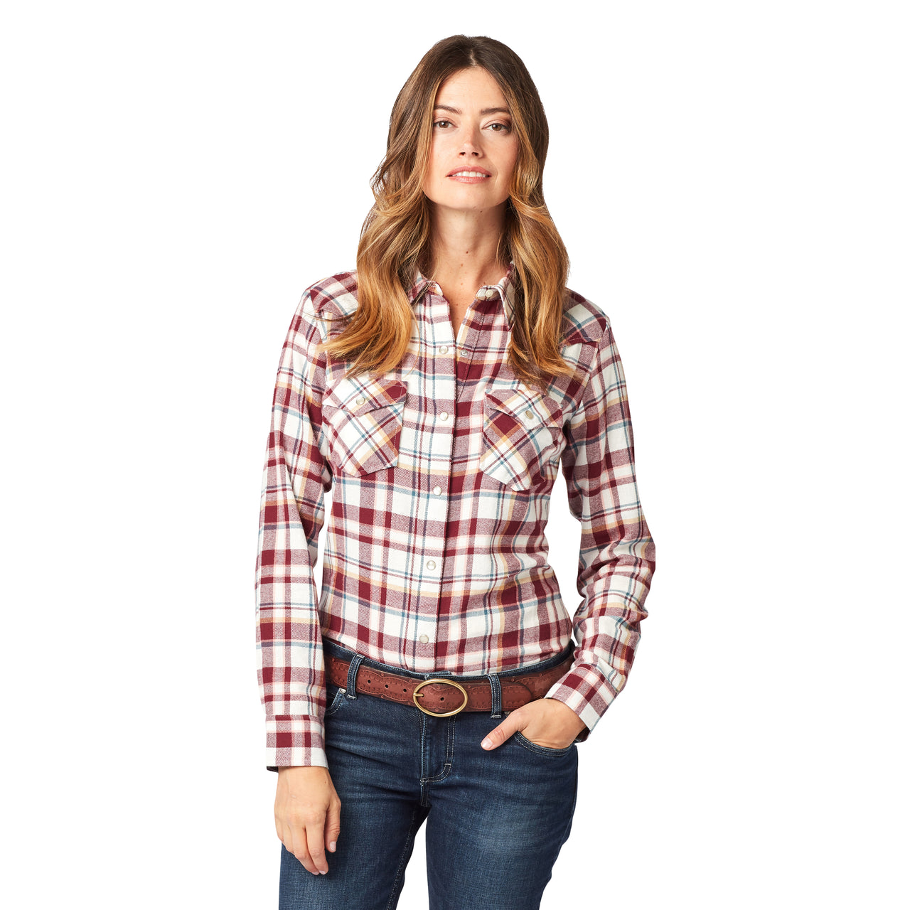 Wrangler Womens Essential LS Plaid Snap Shirt - Cranberry