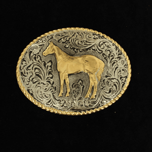 Nocona Youth Oval Standing Horse Buckle - Silver/Gold