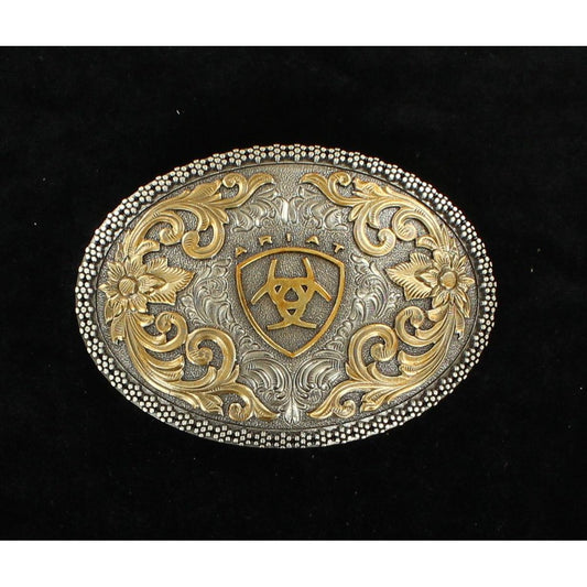 Ariat Oval Floral Scrolled Logo Buckle - Antique Silver/Gold - Irvine Tack & Western Wear