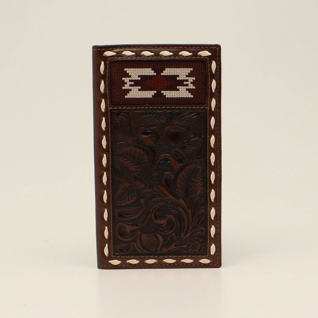 Nocona Tooled Southwestern Buck Stitch Beaded Rodeo Wallet - Chocolate/Maroon