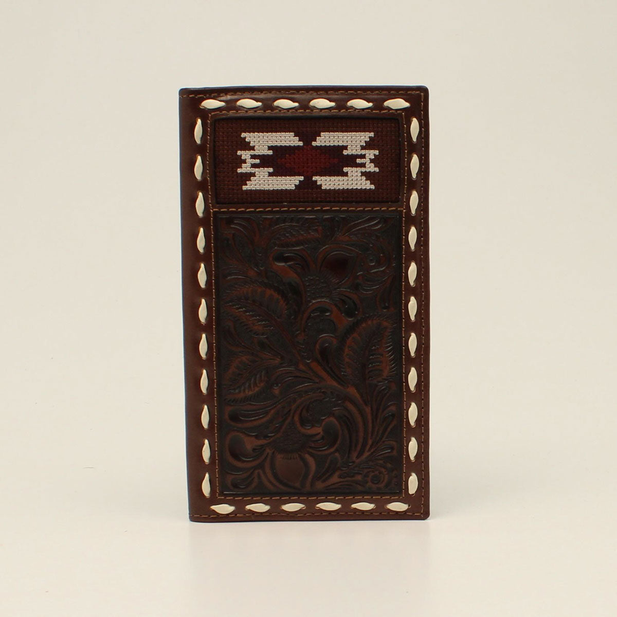 Nocona Tooled Southwestern Buck Stitch Beaded Rodeo Wallet - Chocolate/Maroon