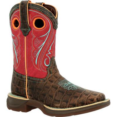 Durango Youth Brown 8" Western Gator Emboss and Electric Red Western Boots