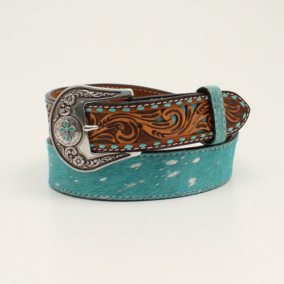 Angel Ranch Women's Buckstitch Hair-On Belt - Turquoise