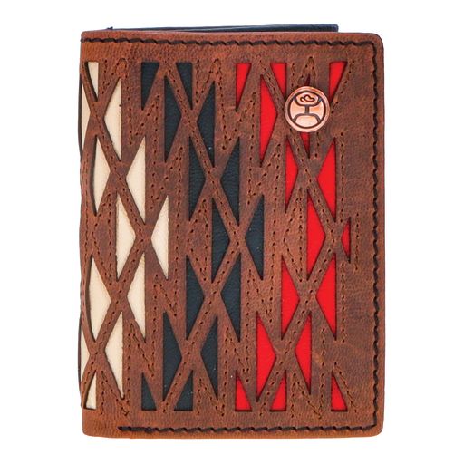 Chapawee Laser Cut Aztec Print Leather Trifold Wallet w/Black Red Ivory Inlay & Hooey Logo