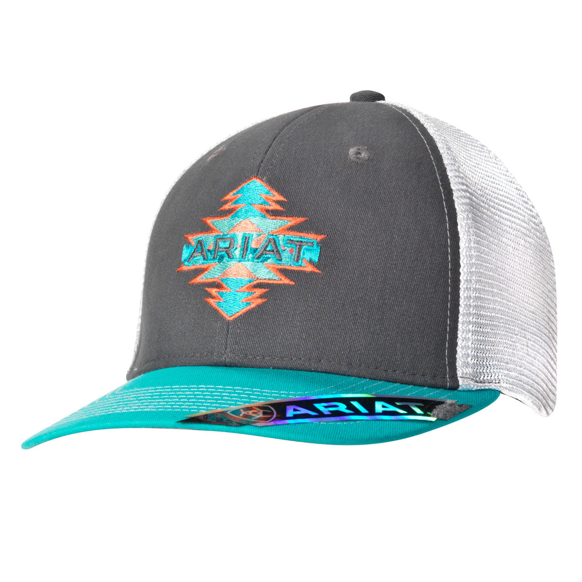 Ariat Women's Aztec Logo Mesh Snapback Cap - Grey w/Turquoise
