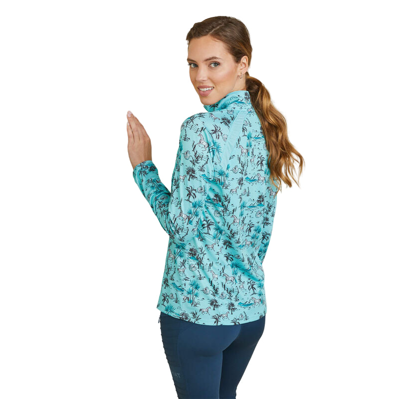 Ariat Womens Sunstopper 2.0 1/4 Zip Baselayer Shirt - Pool Blue Oasis Print