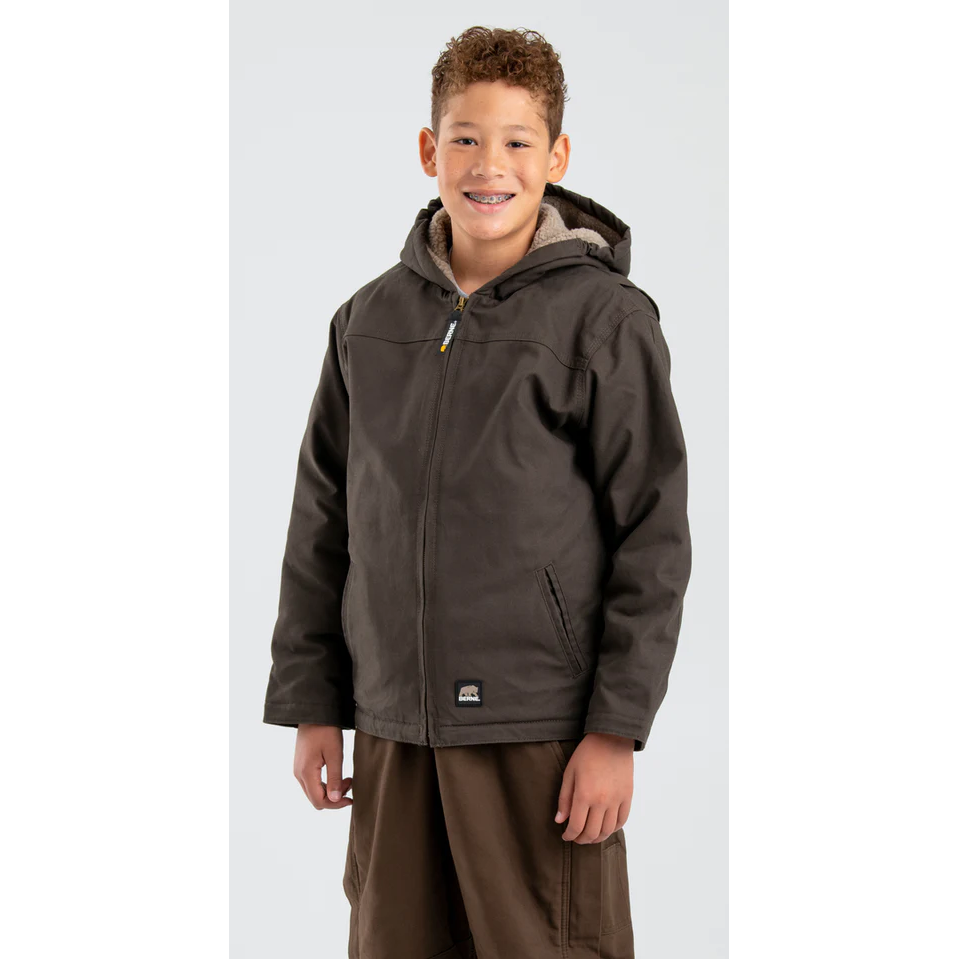 Berne Youth Sherpa Lined Softstone Duck Hooded Jacket - Bark