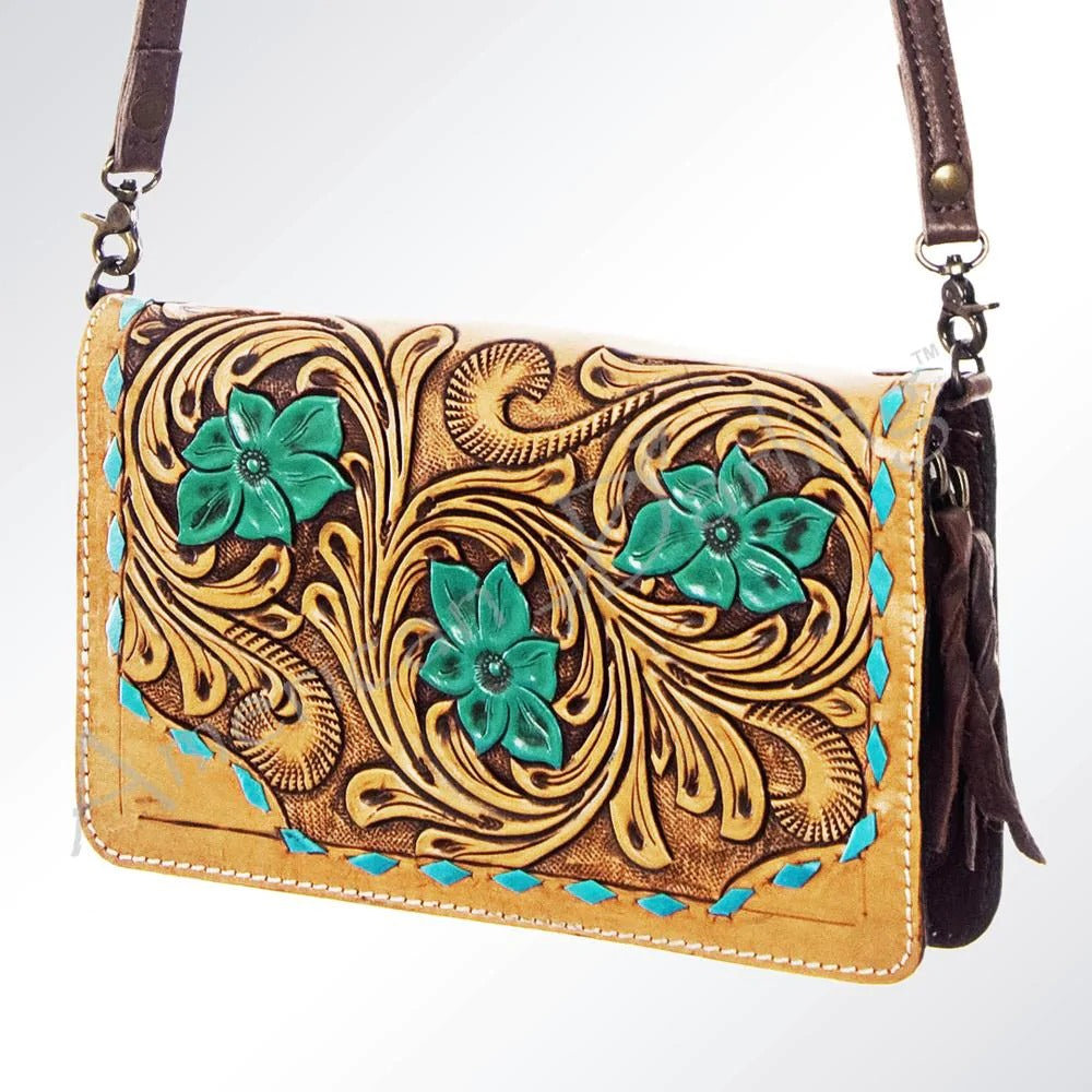 American Darling Tooled Leather Handbag - Turquoise Floral w/ Buckstitch