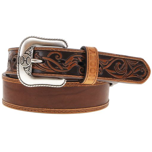 Hooey Tapered Distressed Brown Leather Belt w/Filigree Billets and Natural Double Welt Accent Edge