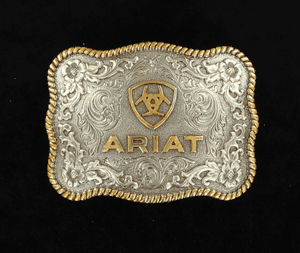 Ariat Buckle Rectangle with Gold Rop Edging Floral Filigree Center and Gold Shield Logo